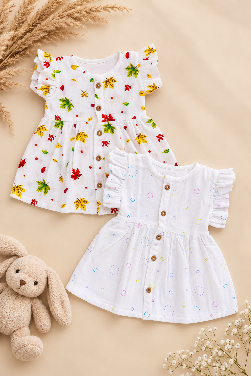 Celestial Trio | Organic Muslin Frill Sleeve Baby Frock