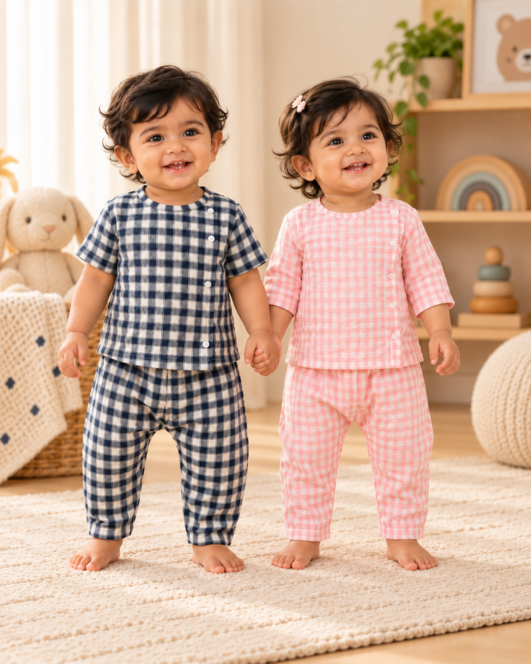Gingham | Cotton Side-Button Pyjama Set