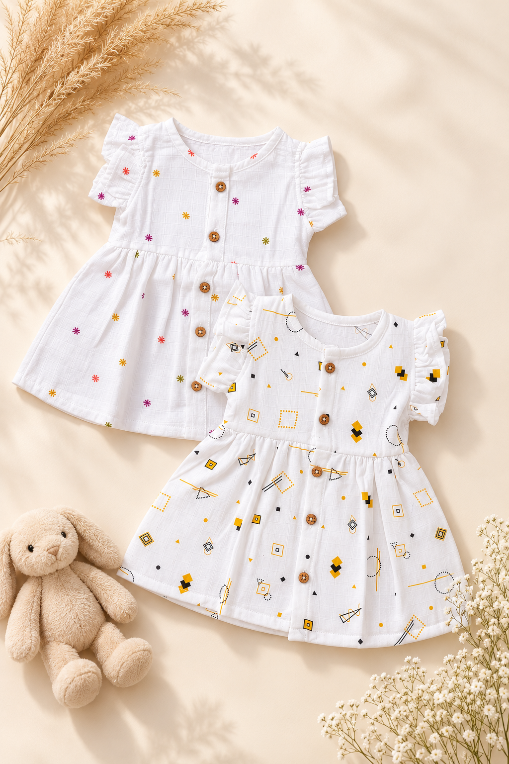 Celestial Trio | Organic Muslin Frill Sleeve Baby Frock