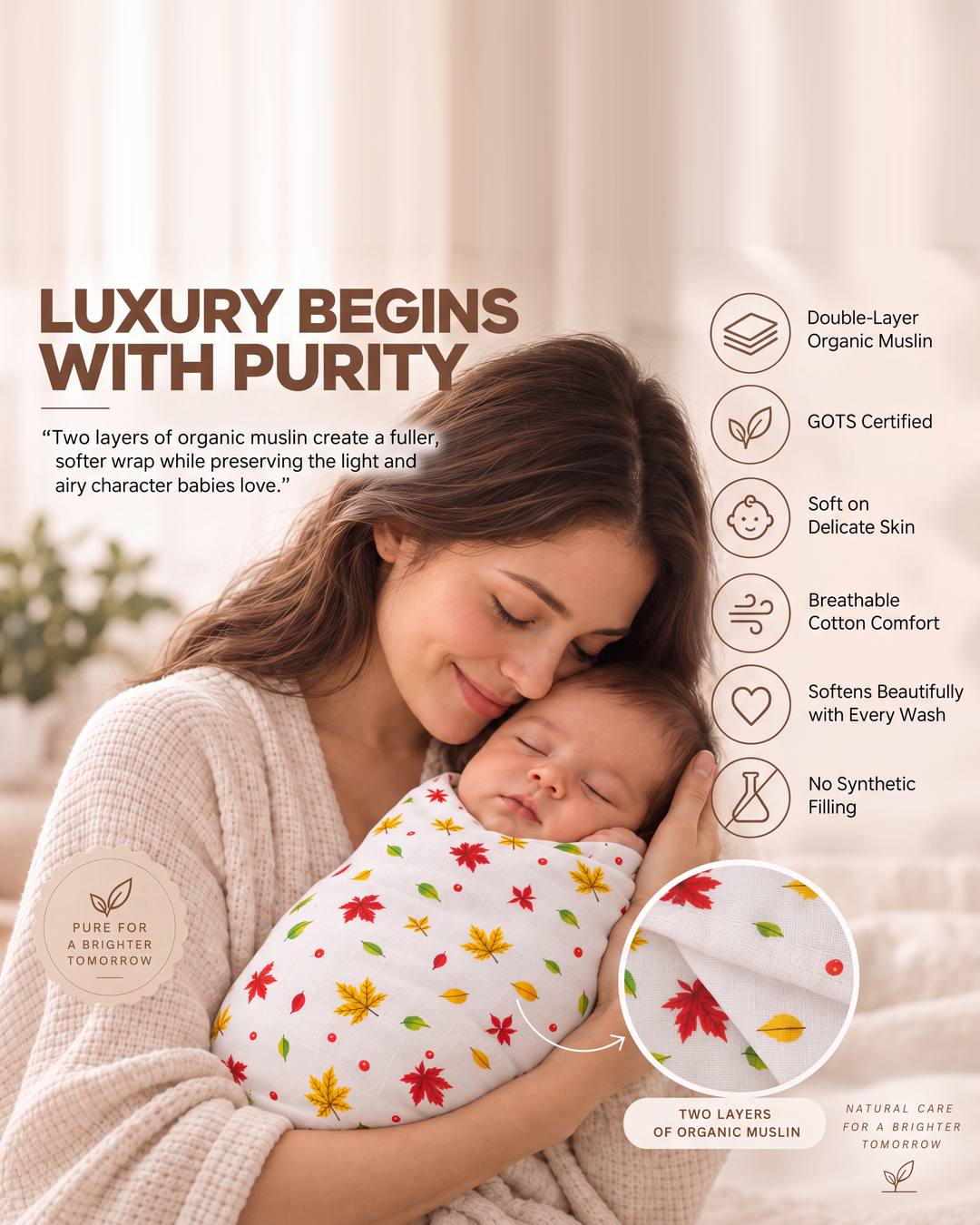 Autumn Breeze | Organic Muslin Baby Swaddle (GOTS Certified)